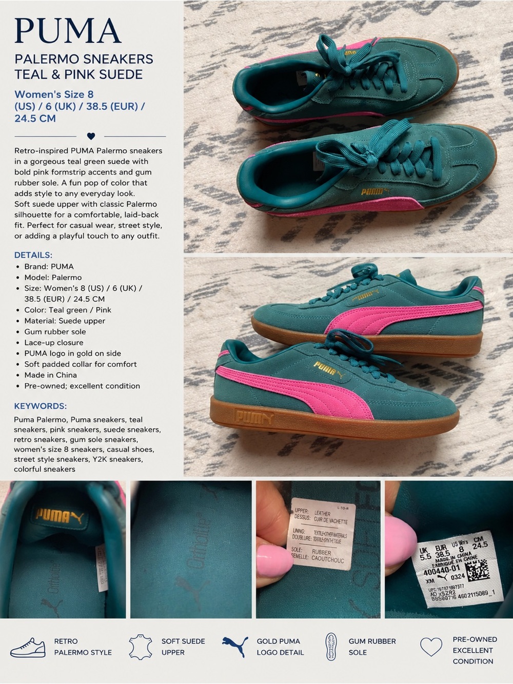 Puma Teal Green & Pink Suede Palermo Sneakers - Women